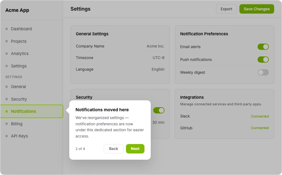 Change Communication — in-app tour example showing StepsKit in action