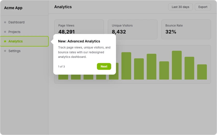 Feature Announcements — in-app tour example showing StepsKit in action