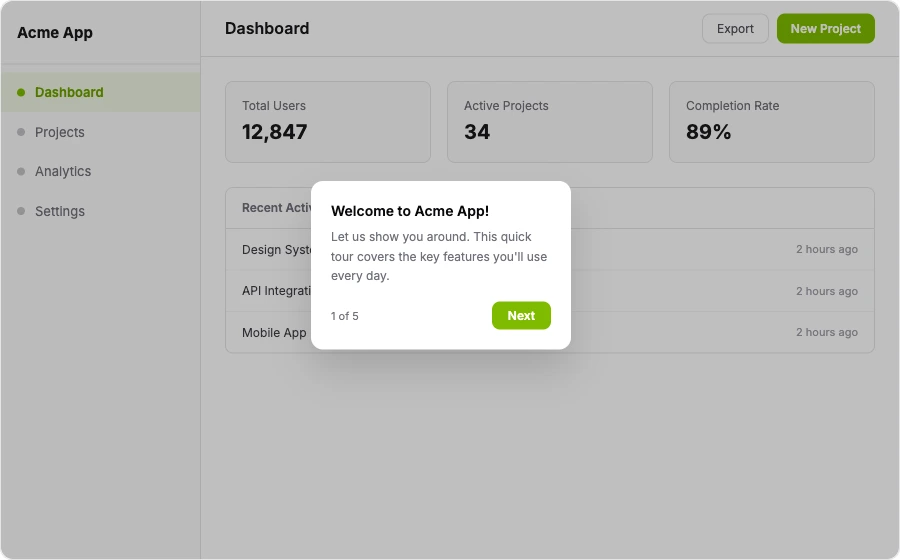 User Onboarding — in-app tour example showing StepsKit in action