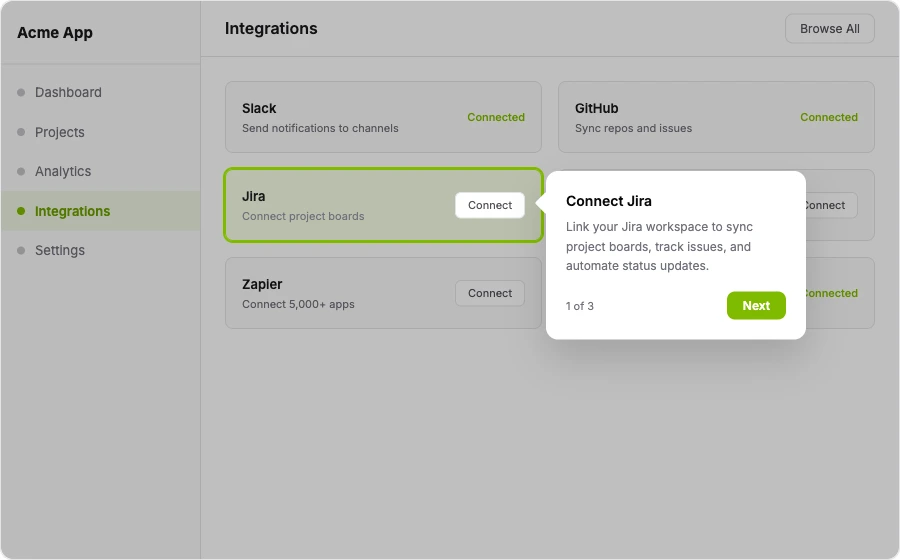 Self-Serve Support — in-app tour example showing StepsKit in action